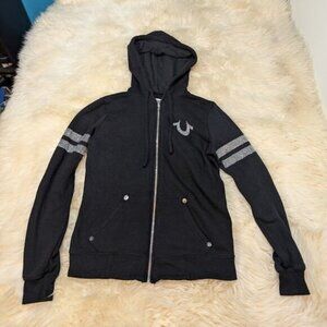 True Religion Y2K Rhinestone Full Zip Black Sweater Women Size Small